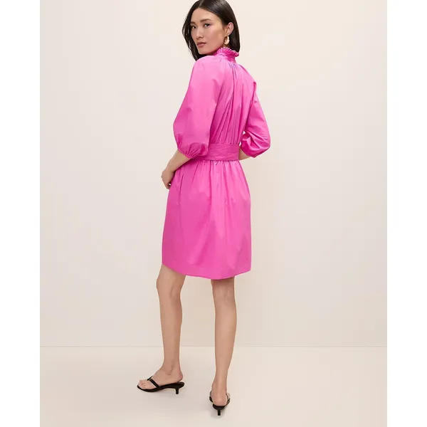 Ann Taylor Shirt Dress Womens 12 Pink Excellent Pom Ruffle Puff Sleeve Belted - Image 2
