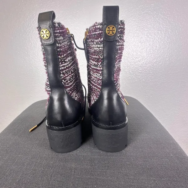 Tory Burch Miller Tweed Combat‎ Boots Purple White Leather Lug Sole 8M - Image 3