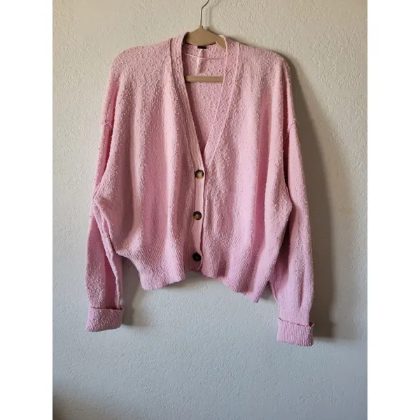 FREE PEOPLE Women’s Cardigan Pink Oversized Vneck Knit Boho Size M - Image 2