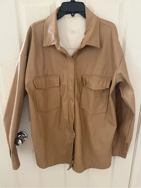 Amazon Faux Leather Button-Down Shirt Jacket in Camel - Image 4