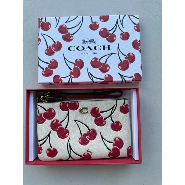 NWOT Coach Chalk Multi Cherries Pebble Leather Essential Small Wristlet - Image 6