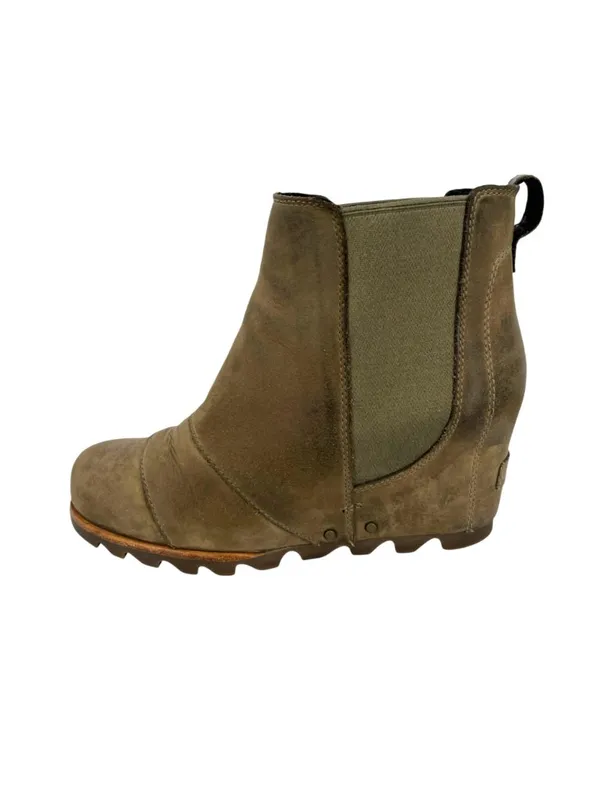 Sorel Lea Wedge Size 7 Olive Green Leather Distressed Ankle Boots Rugged Boho - Image 3
