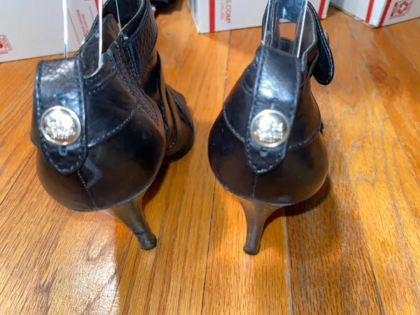 Coach Black Leather Peep Toe Button Gladiator Heels - Image 7