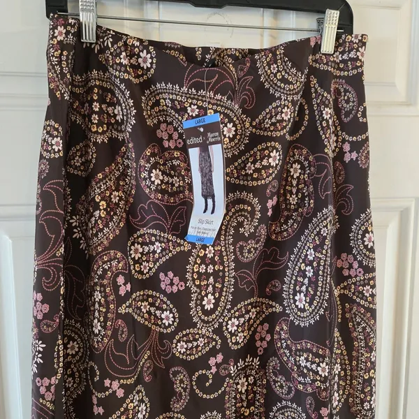 Edited Maren Morris Womens L Brown Floral Paisley Satin Midi Slip Skirt NWT - Image 7