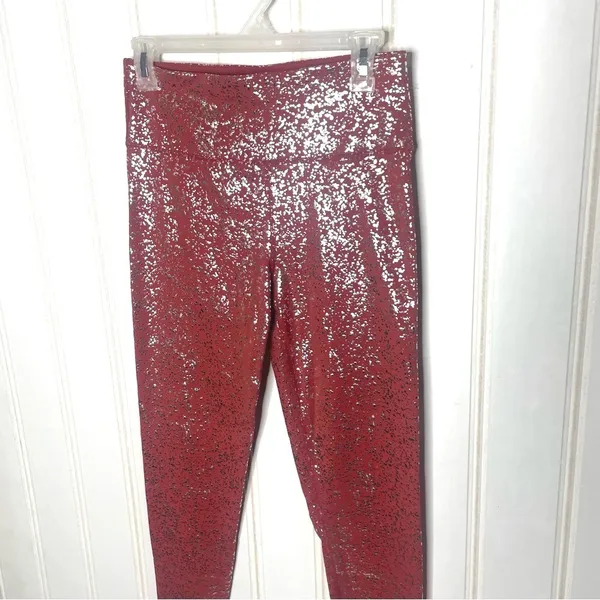 Sweaty Betty High Waist 7/8 Metallic Foil Splatter Leggings Red Silver M 393 - Image 5