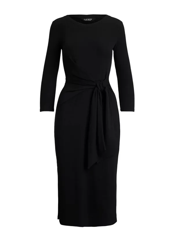 NWT Lauren Ralph Lauren Tie Front Cotton Blend Crewneck Dress Black - Image 3