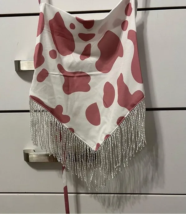 White & Pink Cow Print Halter Tank Top - Image 3