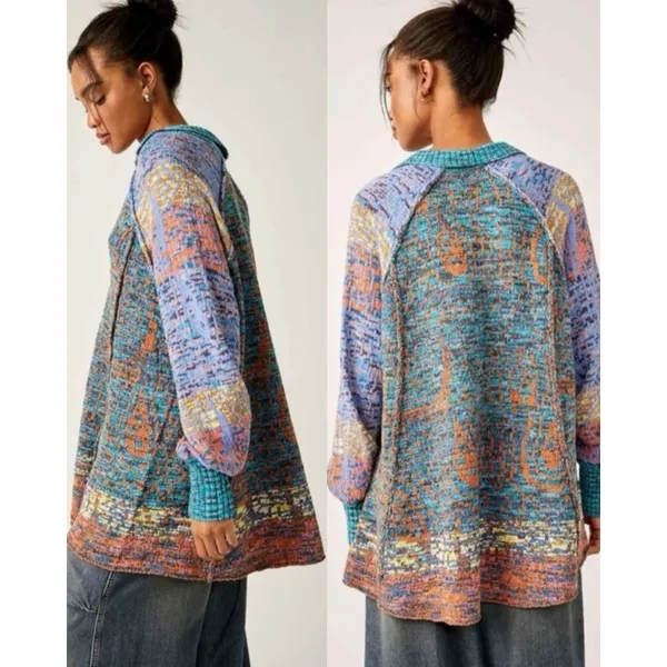 Free People Bohemian Seasons Of Sun Oversized Tunic Sweater Dress XL 70s Fall - Image 4