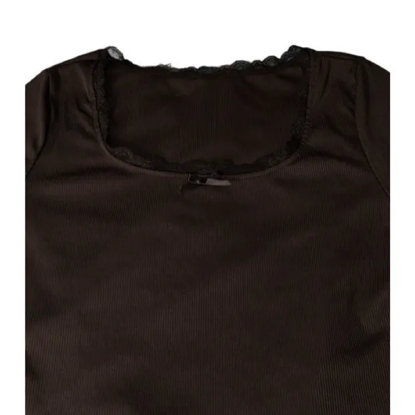 Black Crop Top Long Sleeve Size Large Bow Neck Lace Square Neck Ribbed Feminine - Image 2