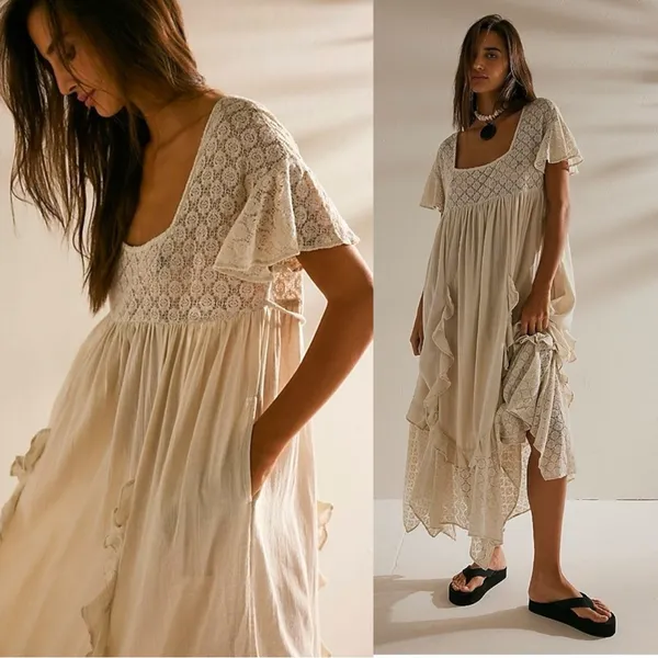 Free People Ethereal Bohemian Bring The Romance Midi Maxi Dress Neutral Small - Image 8