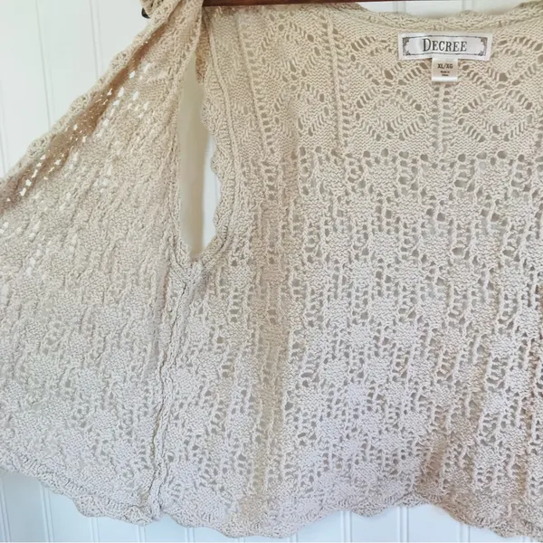 DECREE Beige Cream Crochet Open Front Vest XL Cropped Boho Festival Beach Summer - Image 4