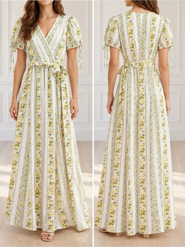Gal Meets Glam Imogene Maxi Dress Sz 4 Yellow Floral Stripe Wrap Puff Sleeve GMG - Image 10