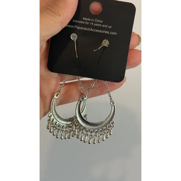 Paparazzi Silver Crescent Moon Dangle Earrings Boho Fringe Tribal Fishhook - Image 5
