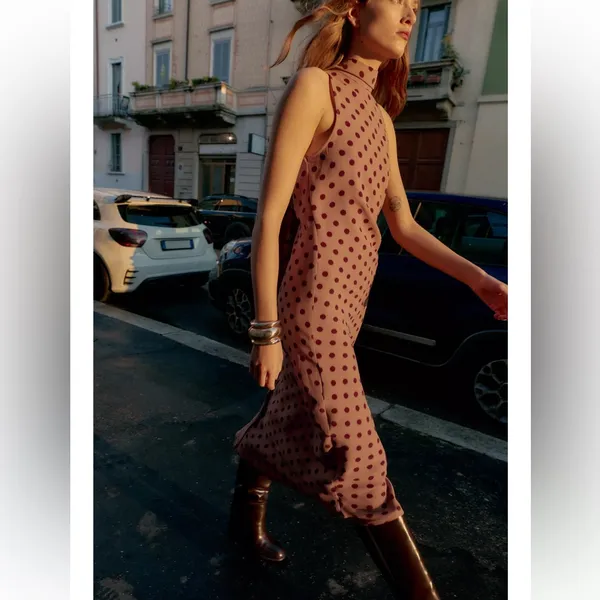 Zara NWT polka dot contrasting midi dress dusty pink & maroon dots - Image 5
