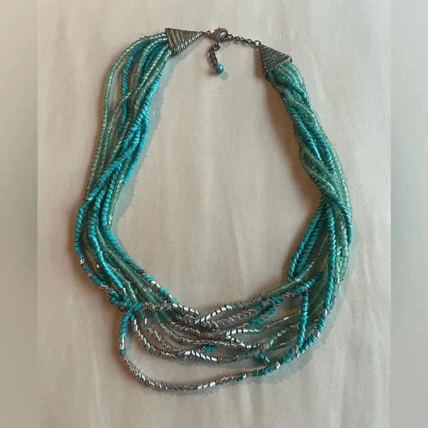 Turquoise and Silver Beaded Necklace Blue - Image 2