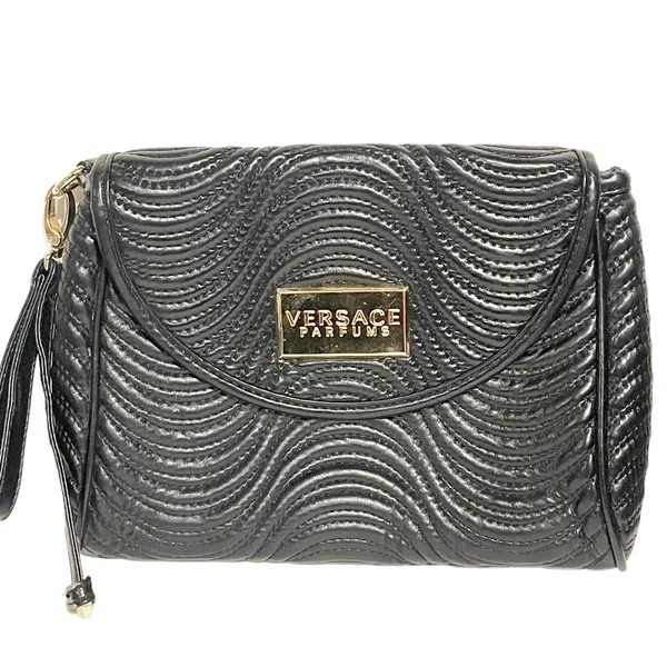 Versace Parfums Faux Leather Gold Tone‎ Black Strap Wristlet Clutch Purse - Image 2