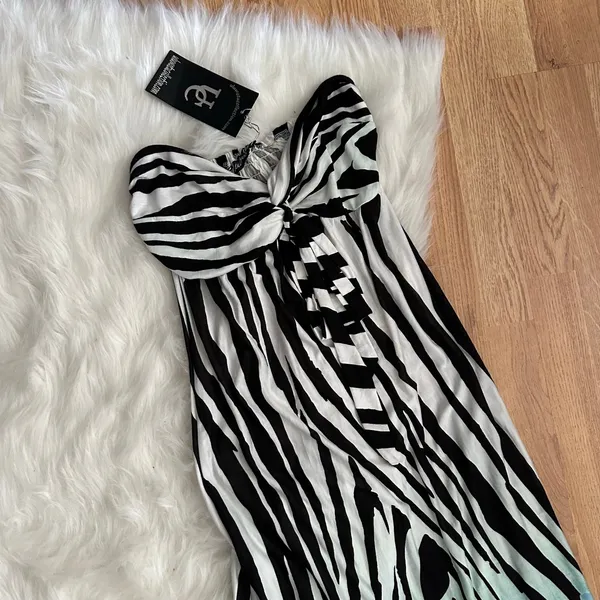 Y2K Zebra Floral Cutout Maxi Dress Blue Rose Strapless Glam Deadstock - Image 2