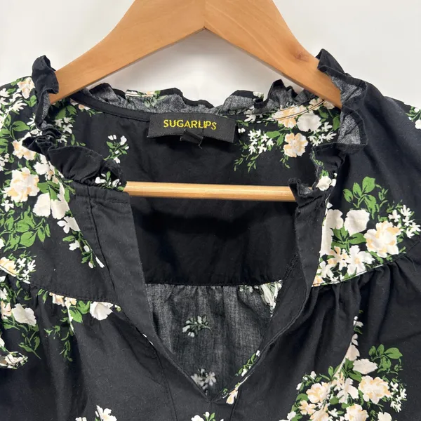 Sugarlips Black Emery Floral‎ Split Neck Ruffle Sleeve Cotton Top Medium Womens - Image 6