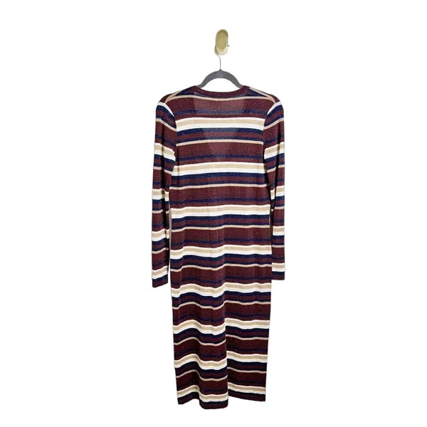 NEW L'AGENCE Multi Striped Lurex Long Duster Cardigan Glitter Brown Cream XS - Image 4