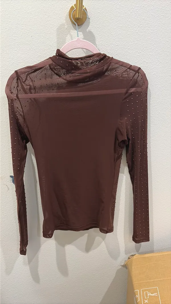 BKE Women’s Sheer Buckle Brown Copper Mesh Long Sleeve Top Small - Image 4