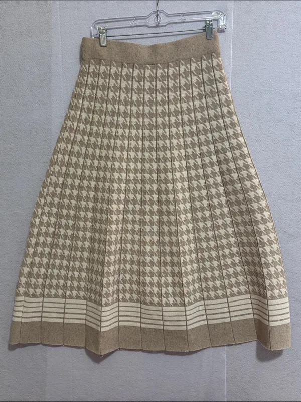Luna Fall Autumn Beige Houndstooth Pleated A-Line Skirt - Image 5