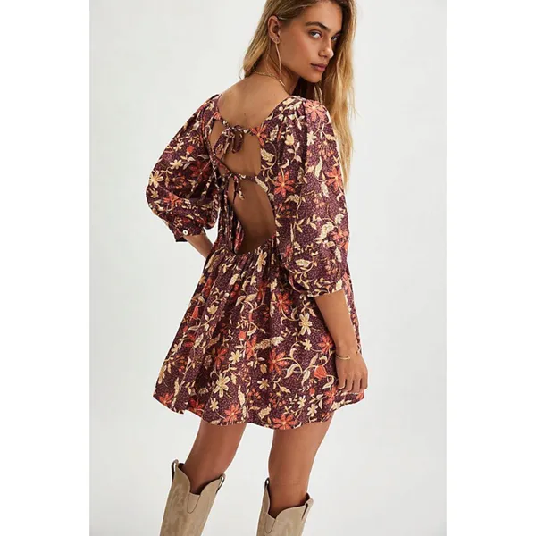Free People Western Bohemian Dainty Lola Mini Dress Mocha Combo Large Floral NWT - Image 14