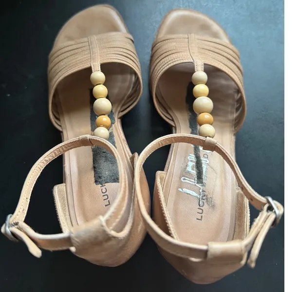 Lucky Brand Womens Chunky Leather Brown Beaded Block Heel Sandals sz 7.5 Strappy - Image 7