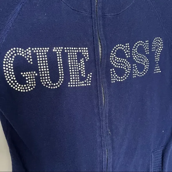 Guess zip up hooded jacket blue with rhinestone logo size small - Image 5