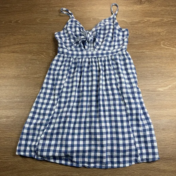 Old Navy Fit Flare Dress Women S Blue Gingham Linen Blend Tie Front Mini Coastal - Image 2