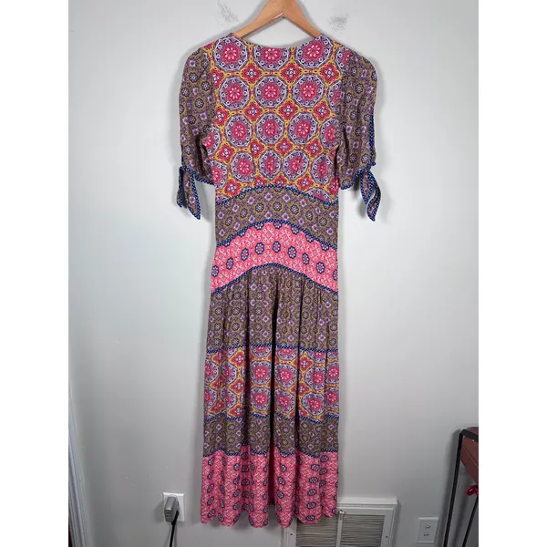 Maeve Anthropologie Eder Tiered Maxi Dress Womens 4 Medallion Boho Puff Sleeve - Image 6