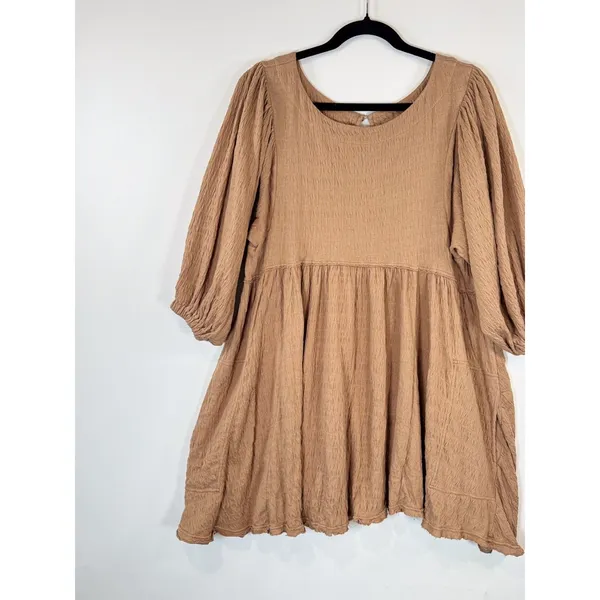 Free People Beach Dress Brown Get Obsessed Babydoll Mini Puff Sleeve A Line XS - Image 5