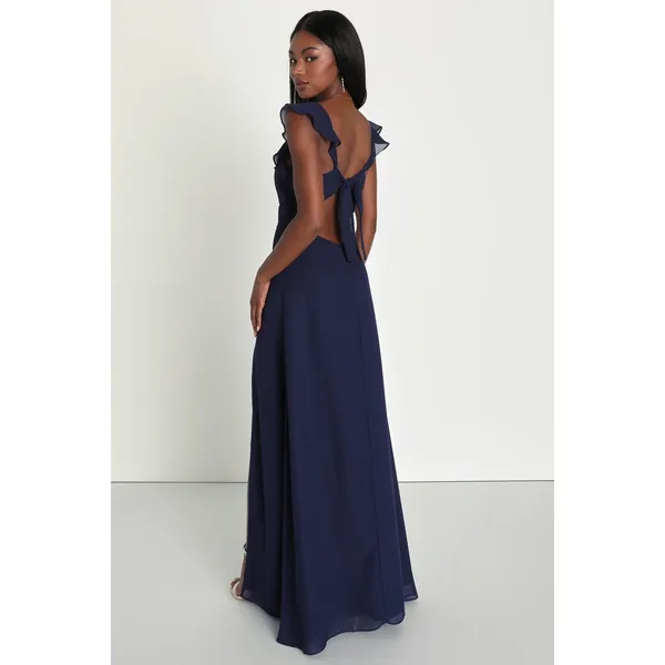 NWT Lulus Lulus Sweetest Entrance Navy Blue Ruffled Tie-Back Maxi Dress Gala L - Image 3