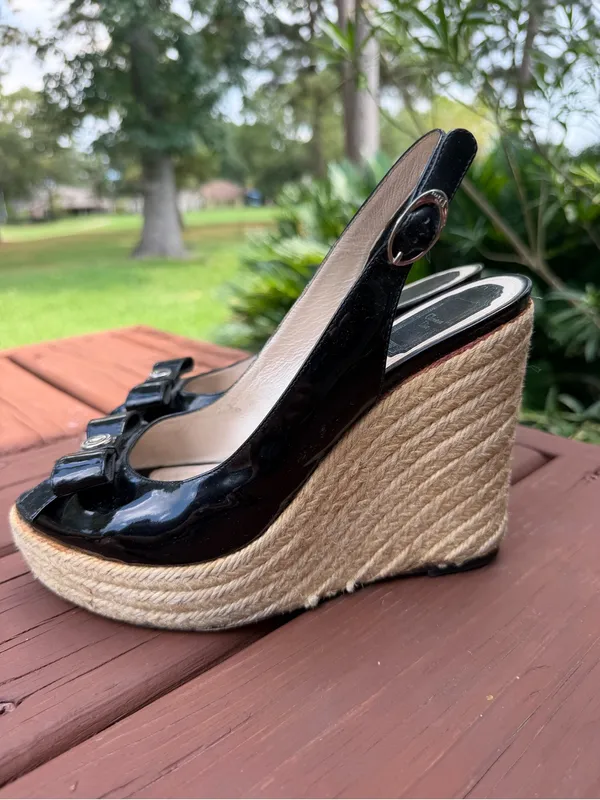 2010 Christian Dior Black Patent Bow Espadrille Wedges 8.5 $795 - Image 5