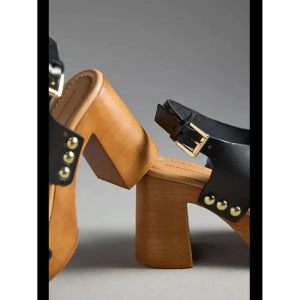 Anthropologie Genuine Leather Studded Wood-Bottom Platform Sandals - Image 3