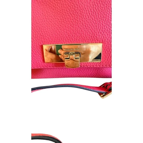 Michael Kors Peach Pink Leather Crossbody Satchel Handbag Gold Hardware - Image 5