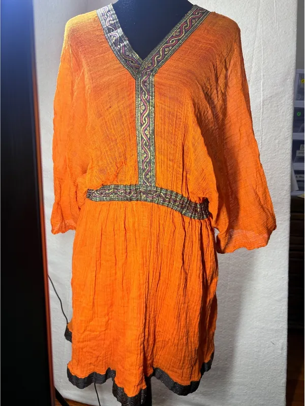 Boho Peasant Tunic Dress Burnt Orange Embroidered Gauze V-Neck Small/Medium - Image 2