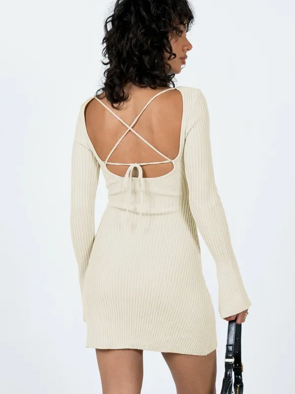Brownhall Long Sleeve Mini Dress Beige - Image 3