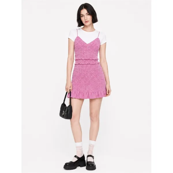 Skies Are Blue Pink Gingham Smocked Mini Dress XS Ruffle Hem Cami Cottagecore - Image 2