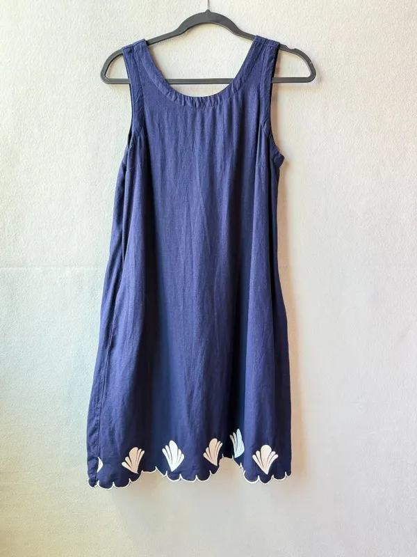 Calypso St. Barth Navy Linen Blend Scallop Hem‎ Shell Dress Small Coastal Boho - Image 2