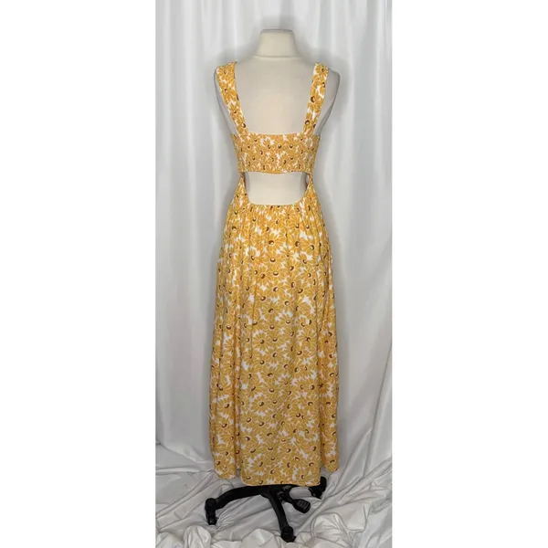 FREE PEOPLE Rosalee Midi Dress Yellow Combo Floral Cutout Back Boho X-Small - Image 9