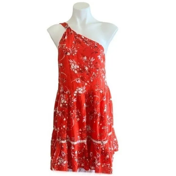 FREE PEOPLE All Mine Red Floral One Shoulder Ruffle Hem Mini Dress Size XS - Image 4