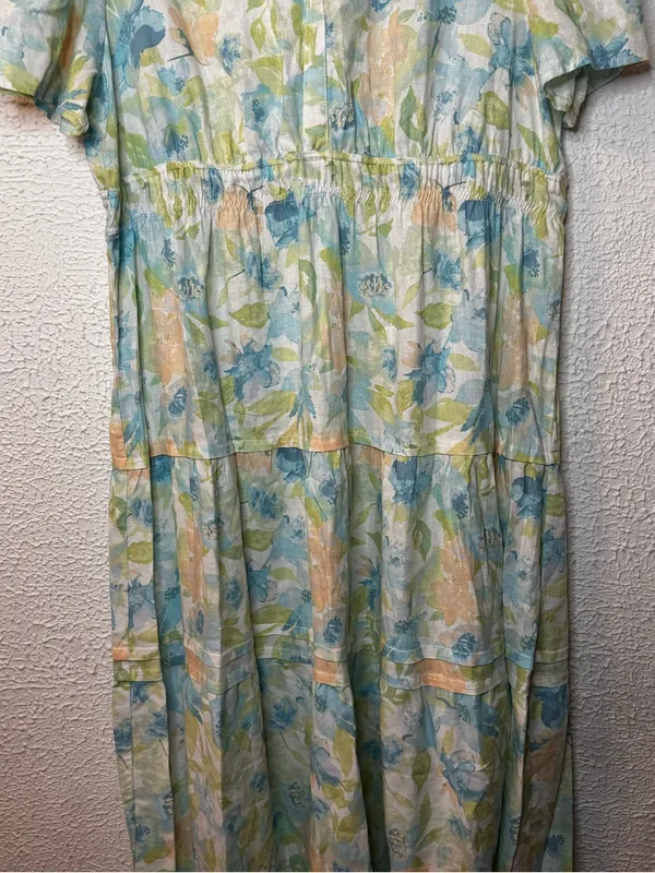 Floral V-Neck Linen Blend Cottagecore Maxi Dress in Pastel Blue & Green - Image 3