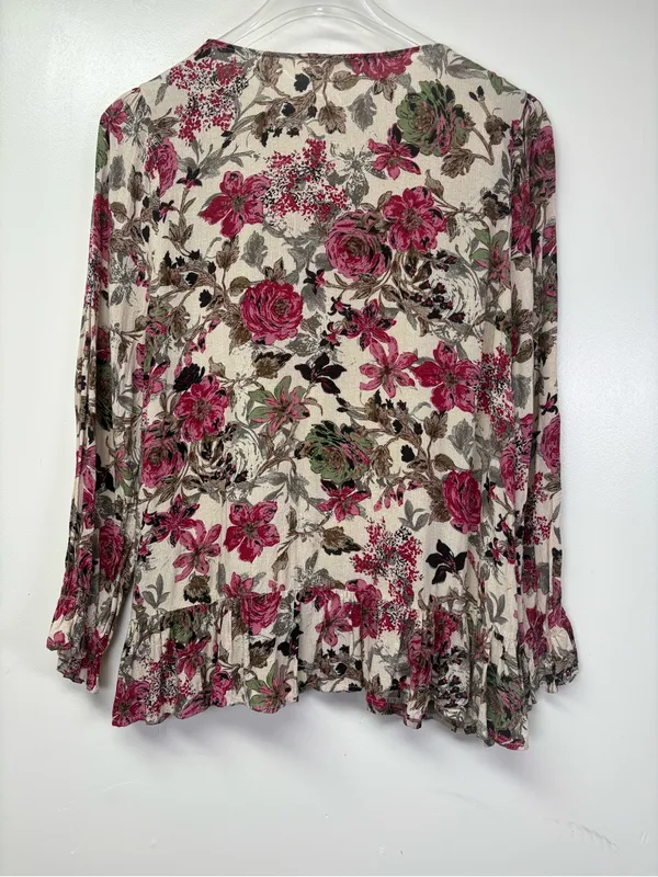 Entro Women's Sz L Floral Lace Boho Cream Pink Bell Sleeve Top - Image 3