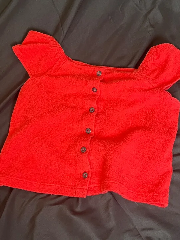 Madewell Texture & Thread Red Smocked Puff Sleeve Button Front Crop Top - Image 3