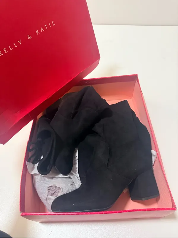 Kelly & Katie Black Suede-Look Over-the-Knee Block Heel Boots - Image 2