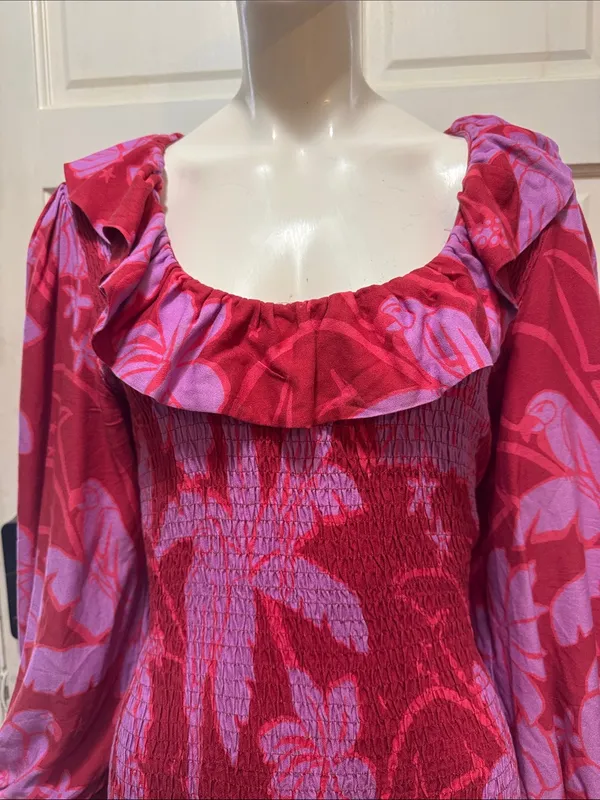 Farm Rio Smocked Floral Ruffle Mini Dress - Pink/Red - Image 4
