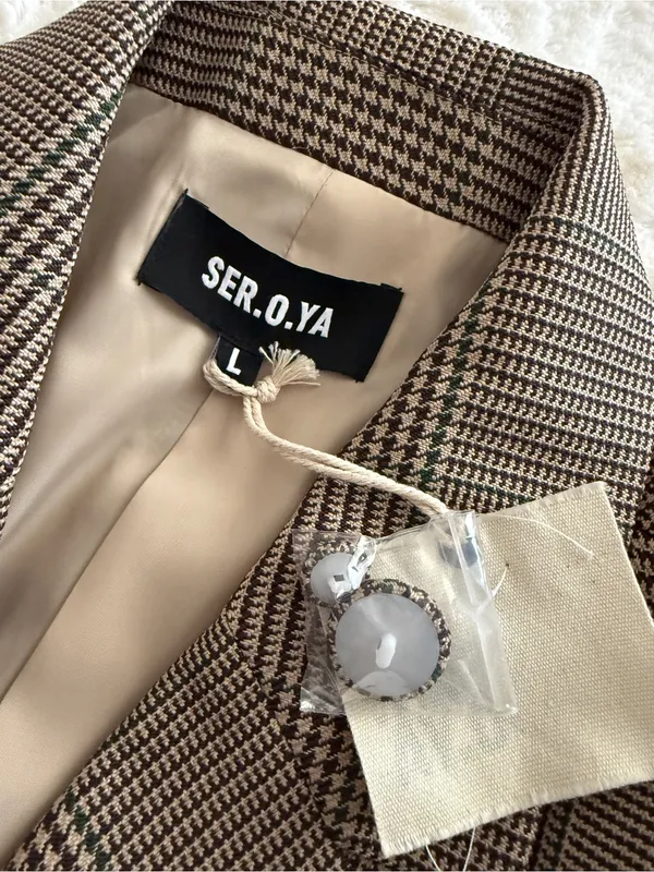 SER.O.YA Brown Plaid Blazer L Tailored Glen Check Quiet Luxury Jacket - Image 8