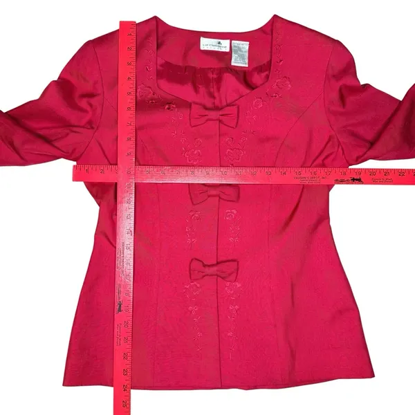 Vintage 90s Liz Claiborne 100% Silk Red Skirt Suit Set Bow Embroidery Size 6‎ - Image 9