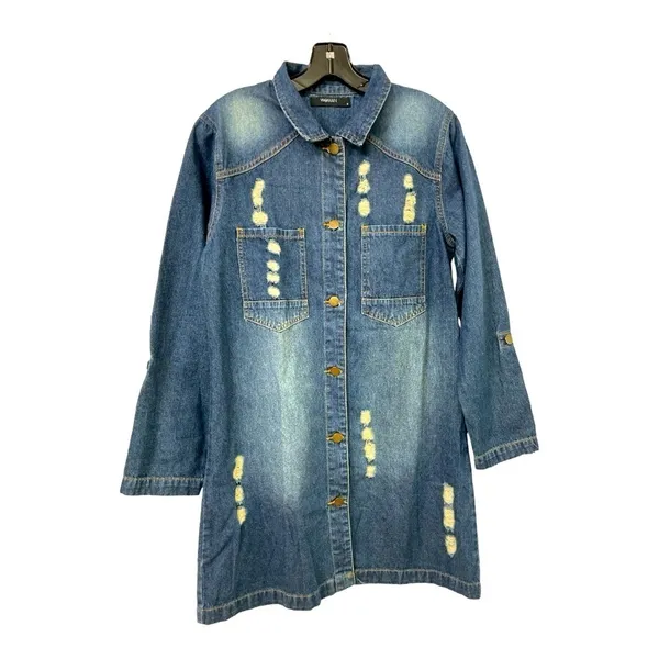 Woman Distressed Denim Jacket Shirt Dress Medium Medium Wash Long Sleeve - Image 2