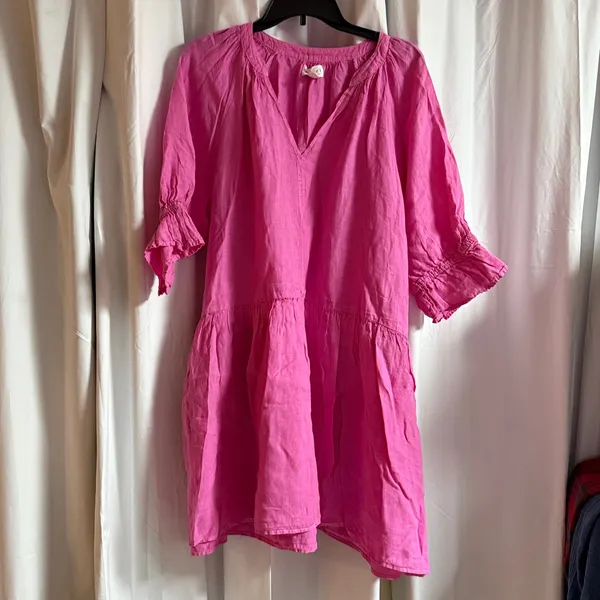 Velvet Noor Linen Ruffle Mini Dress in Tahini‎ Pink Sz M oversized fit C25 - Image 4